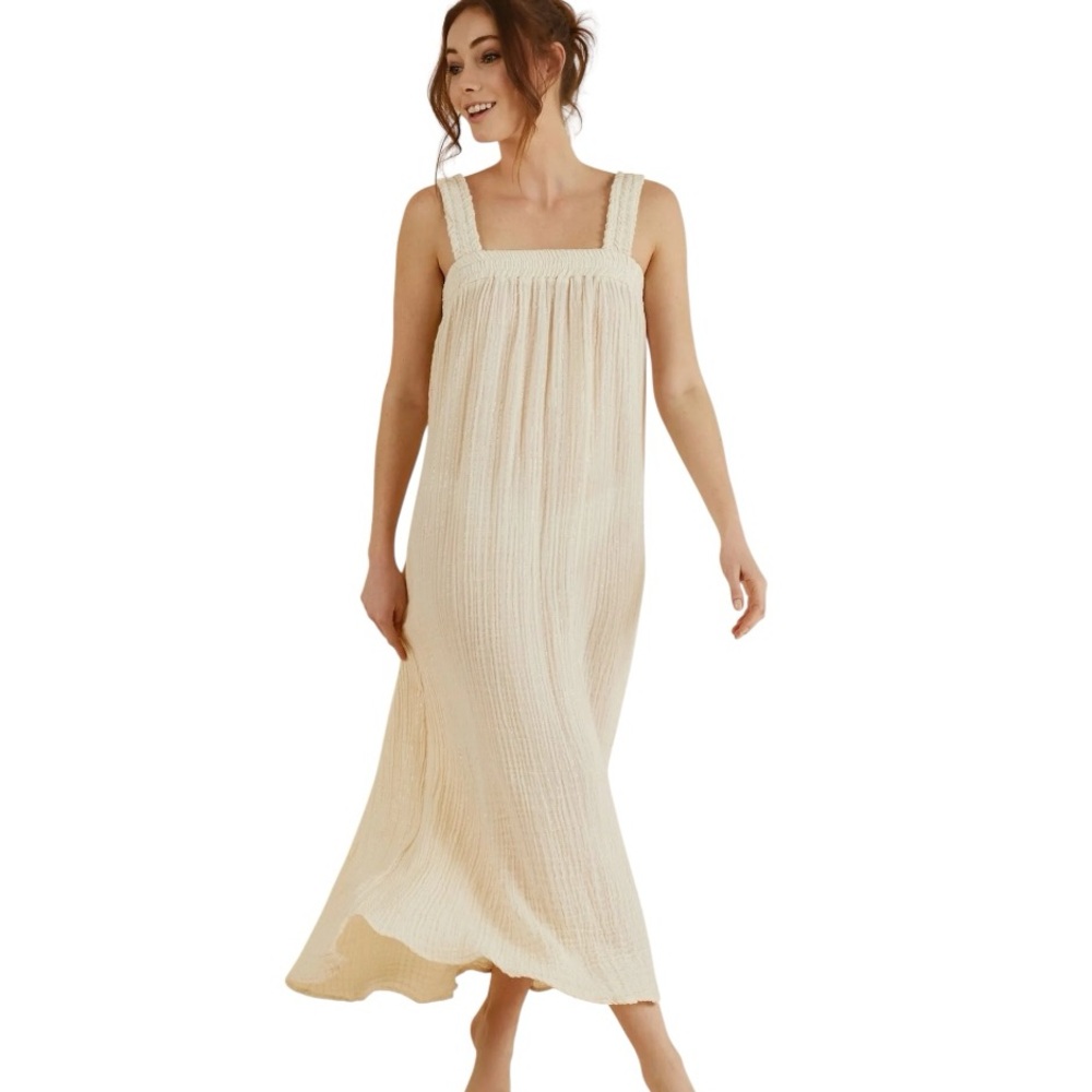 The Handloom Los Angeles Noa Straps Ivory & Metallic Gold Crinkly Maxi Dress  OS